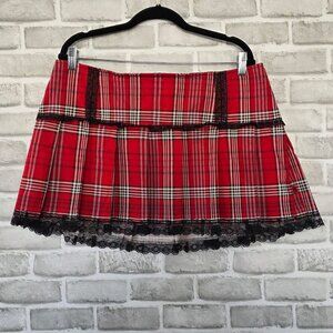 Tripp NYC Plaid Pleated Mini Skirt Goth Punk Acadamia Y2K Red Black Lace XXL